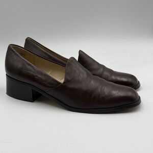 Sumi Brown Leather Square Toe Block Heel Loafers Mules 90s Y2K Minimalist 9.5